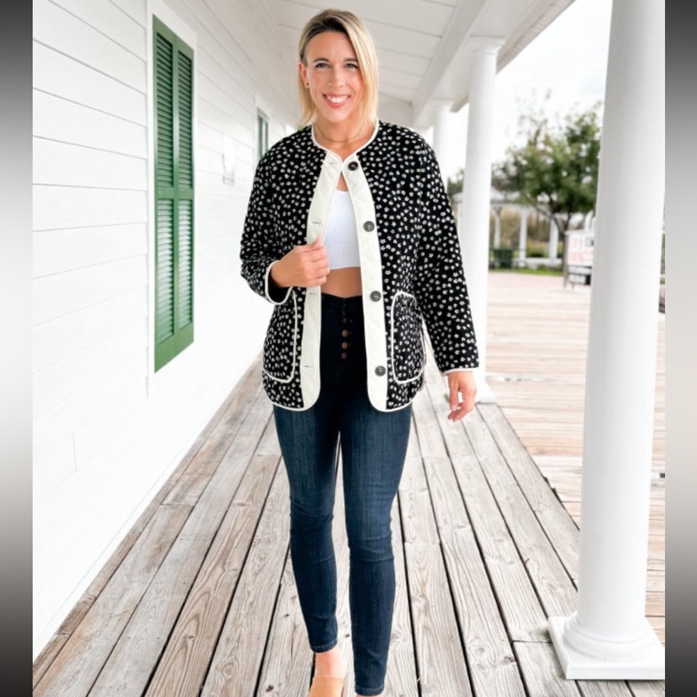 Black and White Polka Dot Blazer with White Trim